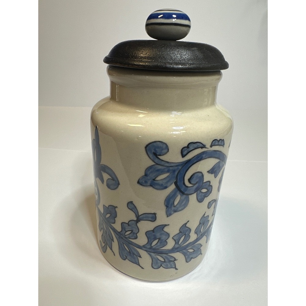 Blue and White Floral Ceramic Canister with Lid Hand Painted Made in India 7in